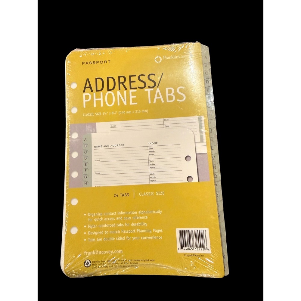 FranklinCovey Classic Size Address Phone Tabs 24 Tabs 5.5x8.5 7-Hole Punched NEW